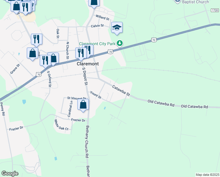 map of restaurants, bars, coffee shops, grocery stores, and more near 3155 Catawba Street in Claremont