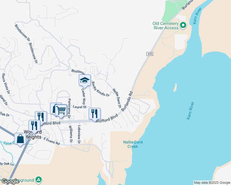 map of restaurants, bars, coffee shops, grocery stores, and more near 2 Rocky Knolls Drive in Wofford Heights