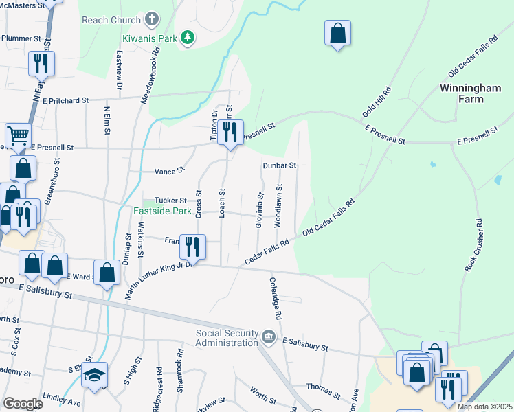 map of restaurants, bars, coffee shops, grocery stores, and more near 463 Glovinia Street in Asheboro