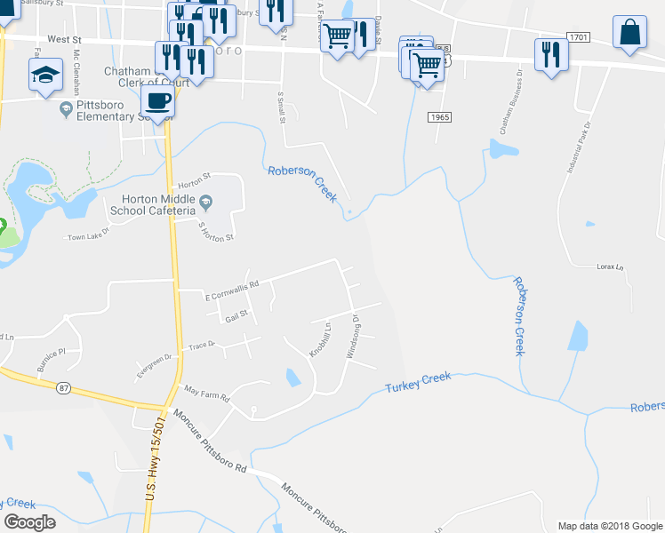 map of restaurants, bars, coffee shops, grocery stores, and more near 399 Windsong Drive in Pittsboro