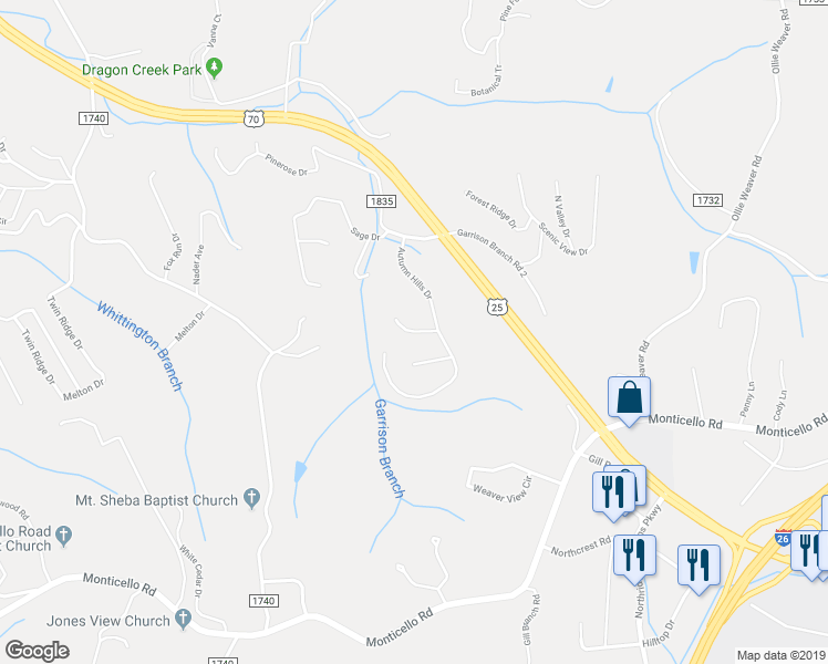 map of restaurants, bars, coffee shops, grocery stores, and more near 5 Scarlet Ridge Lane in Weaverville