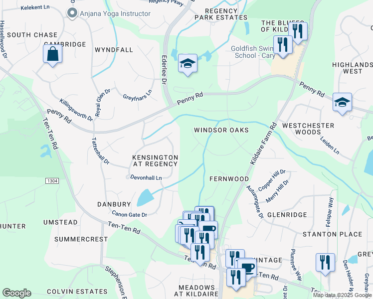 map of restaurants, bars, coffee shops, grocery stores, and more near 9708 Astor Court in Cary