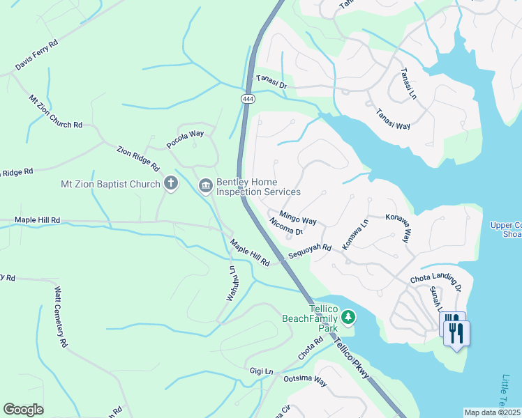 map of restaurants, bars, coffee shops, grocery stores, and more near 340 Mingo Way in Loudon