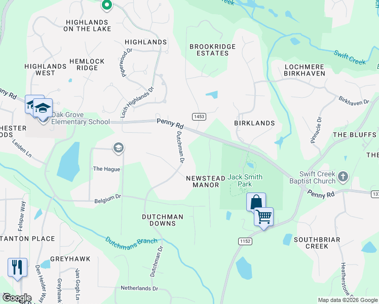 map of restaurants, bars, coffee shops, grocery stores, and more near 5209 Dutchman Drive in Raleigh