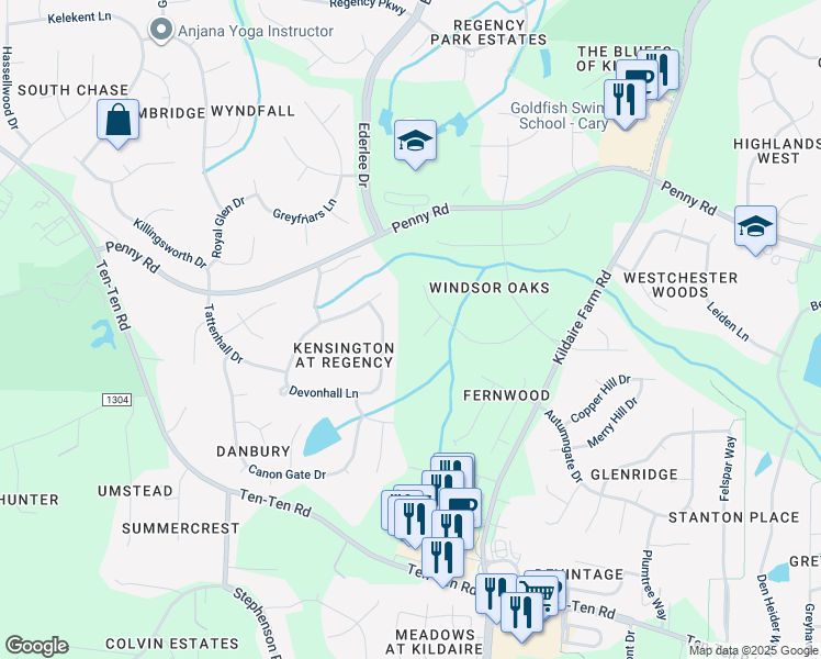 map of restaurants, bars, coffee shops, grocery stores, and more near 9708 Astor Court in Cary