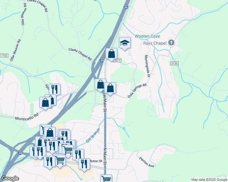 map of restaurants, bars, coffee shops, grocery stores, and more near 6 Dula Springs Road in Weaverville