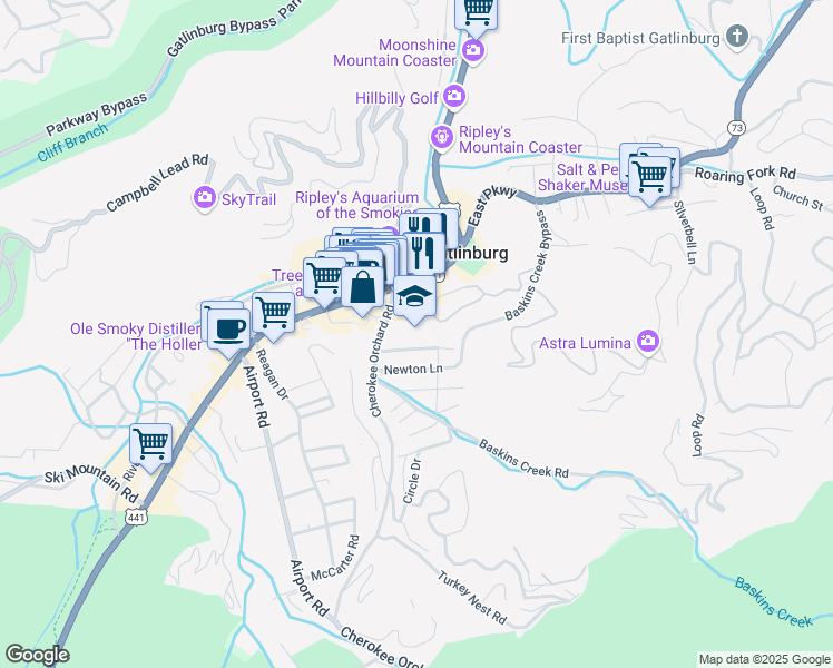 map of restaurants, bars, coffee shops, grocery stores, and more near 125 Cherokee Orchard Road in Gatlinburg