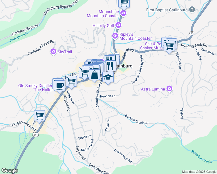 map of restaurants, bars, coffee shops, grocery stores, and more near 125 Cherokee Orchard Road in Gatlinburg