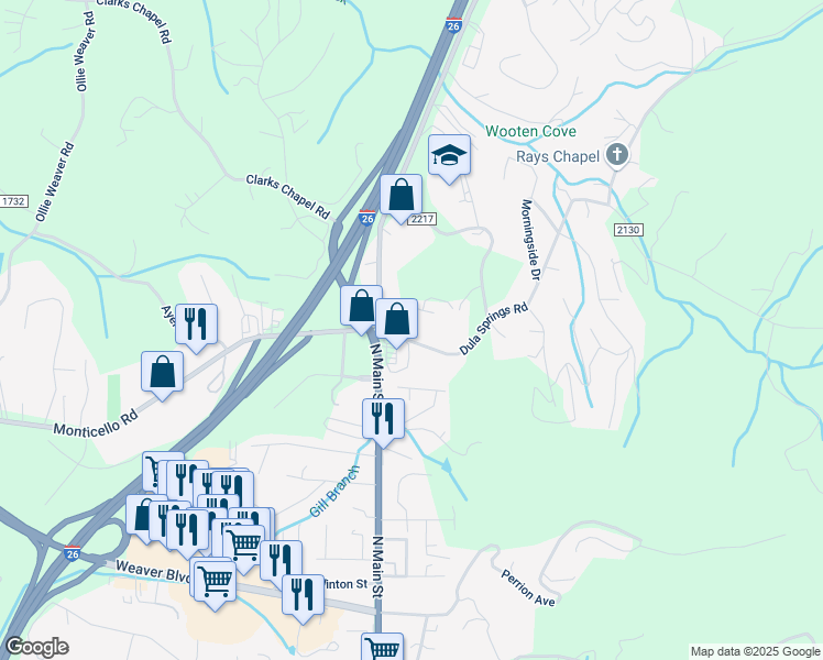 map of restaurants, bars, coffee shops, grocery stores, and more near 14 Dula Springs Road in Weaverville