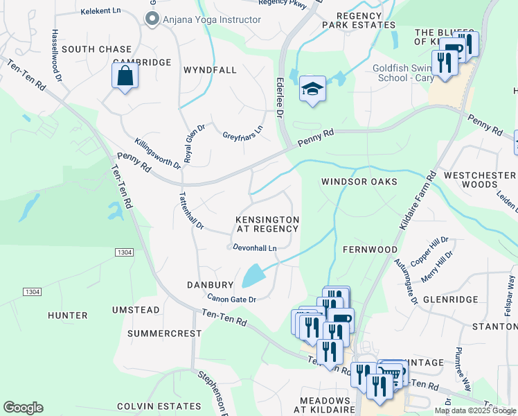 map of restaurants, bars, coffee shops, grocery stores, and more near 500 Devonhall Lane in Cary