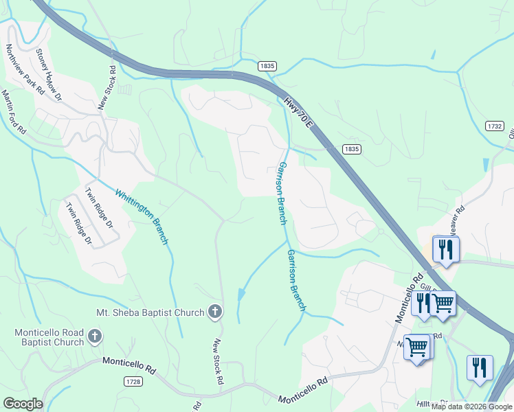 map of restaurants, bars, coffee shops, grocery stores, and more near 10 Rolling Meadows Lane in Weaverville