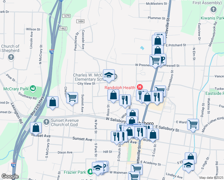 map of restaurants, bars, coffee shops, grocery stores, and more near 333 Foust Street in Asheboro
