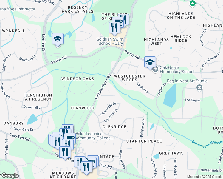 map of restaurants, bars, coffee shops, grocery stores, and more near 104 Moss Rose Court in Cary