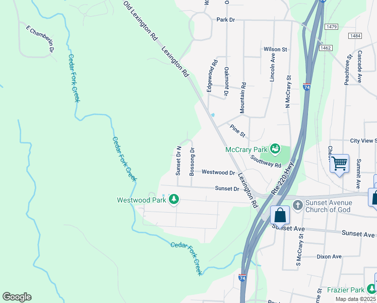 map of restaurants, bars, coffee shops, grocery stores, and more near 338 Sunset Drive North in Asheboro