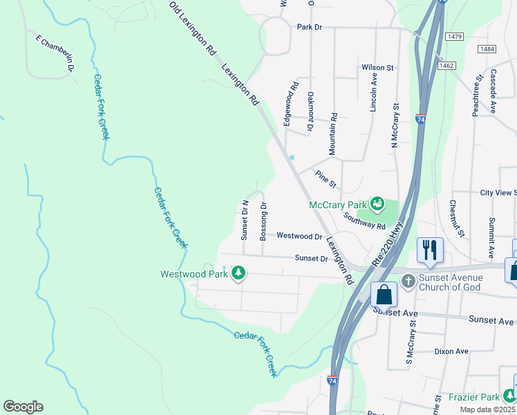 map of restaurants, bars, coffee shops, grocery stores, and more near 337 Bossong Drive in Asheboro