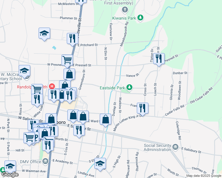 map of restaurants, bars, coffee shops, grocery stores, and more near 502N North Elm Street in Asheboro