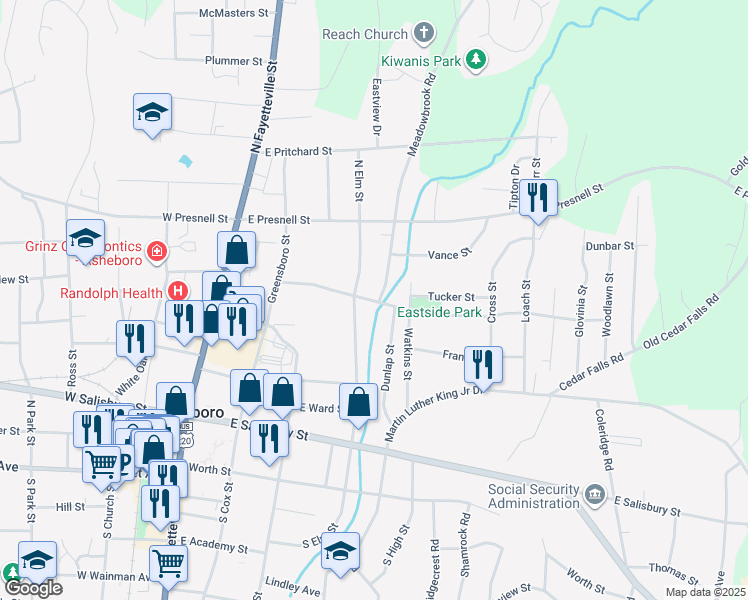 map of restaurants, bars, coffee shops, grocery stores, and more near 502N North Elm Street in Asheboro