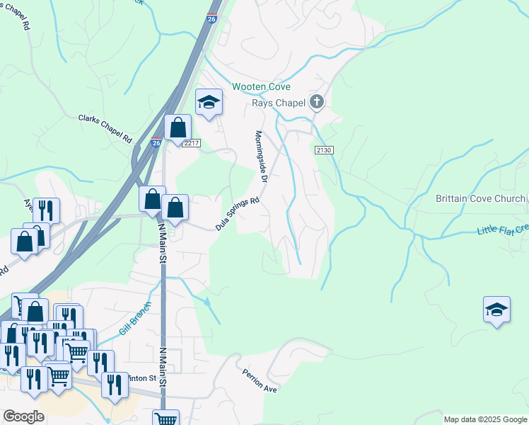 map of restaurants, bars, coffee shops, grocery stores, and more near 16 Deep Woods Road in Weaverville