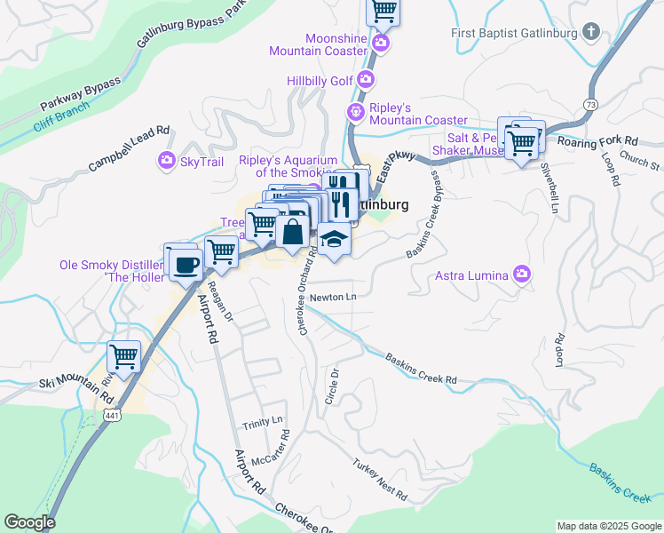 map of restaurants, bars, coffee shops, grocery stores, and more near 125 Cherokee Orchard Road in Gatlinburg