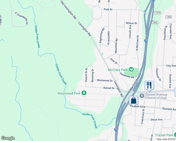 map of restaurants, bars, coffee shops, grocery stores, and more near 338 Sunset Drive North in Asheboro