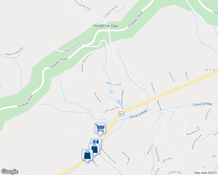 map of restaurants, bars, coffee shops, grocery stores, and more near 4044 Wears Cove Road in Sevierville