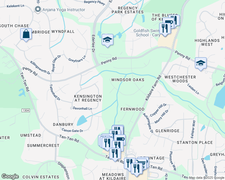 map of restaurants, bars, coffee shops, grocery stores, and more near Astor Court in Cary