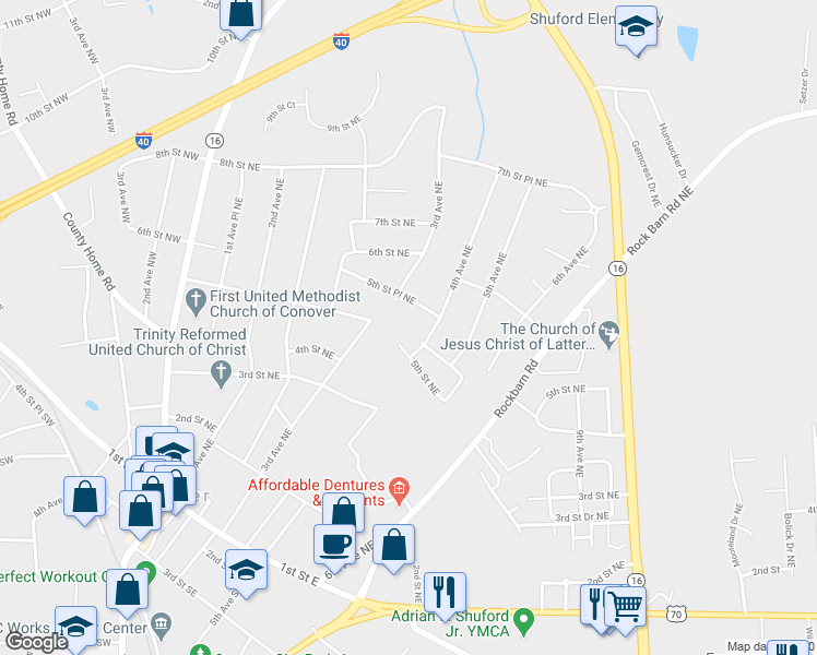 map of restaurants, bars, coffee shops, grocery stores, and more near 501 4th Avenue Northeast in Conover