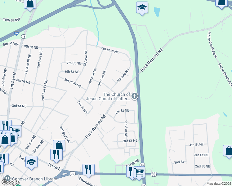 map of restaurants, bars, coffee shops, grocery stores, and more near 601 6th Street Northeast in Conover