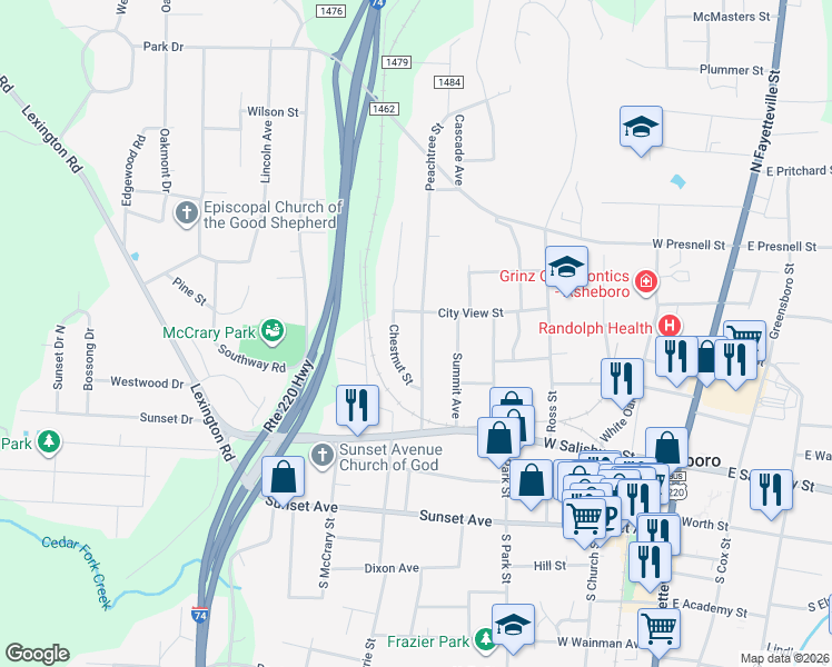 map of restaurants, bars, coffee shops, grocery stores, and more near 347 Peachtree Street in Asheboro