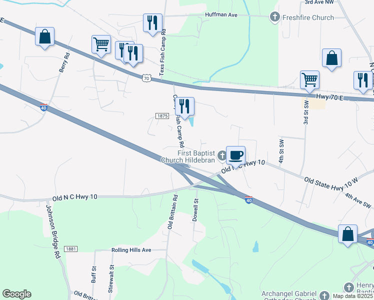 map of restaurants, bars, coffee shops, grocery stores, and more near 8500-8640 Sparrow Trail in Hildebran