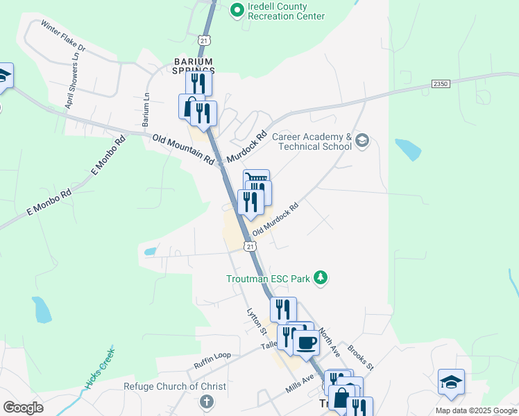 map of restaurants, bars, coffee shops, grocery stores, and more near 520 North Main Street in Troutman