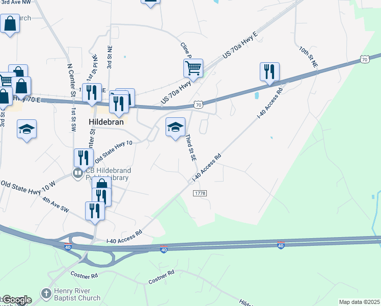 map of restaurants, bars, coffee shops, grocery stores, and more near 116 3rd Street Southeast in Hildebran