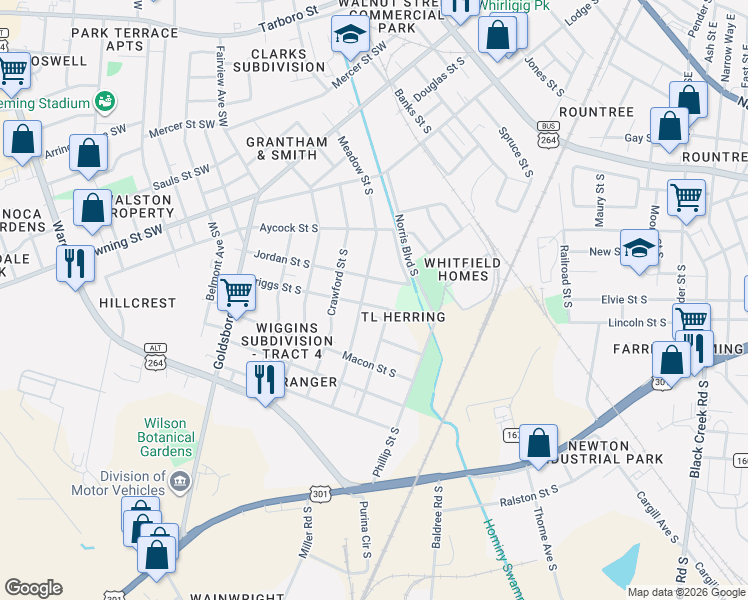 map of restaurants, bars, coffee shops, grocery stores, and more near 606 Briggs Street South in Wilson