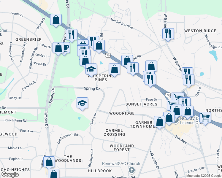 map of restaurants, bars, coffee shops, grocery stores, and more near 122 Shady Lawn Court in Garner