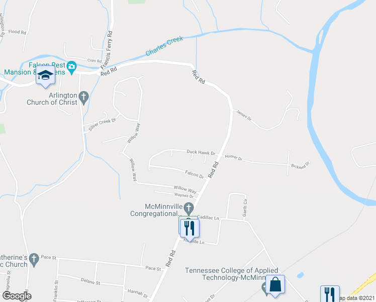 map of restaurants, bars, coffee shops, grocery stores, and more near 181 Duck Hawk Drive in McMinnville