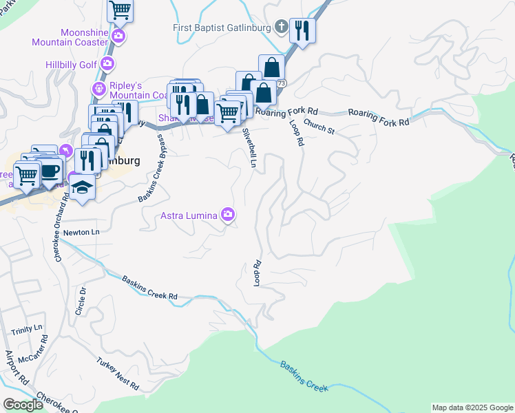 map of restaurants, bars, coffee shops, grocery stores, and more near 453 Loop Road in Gatlinburg
