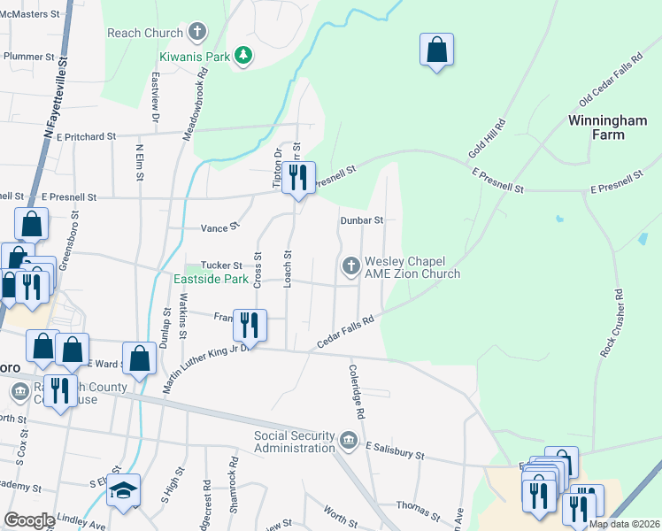 map of restaurants, bars, coffee shops, grocery stores, and more near 463 Glovinia Street in Asheboro