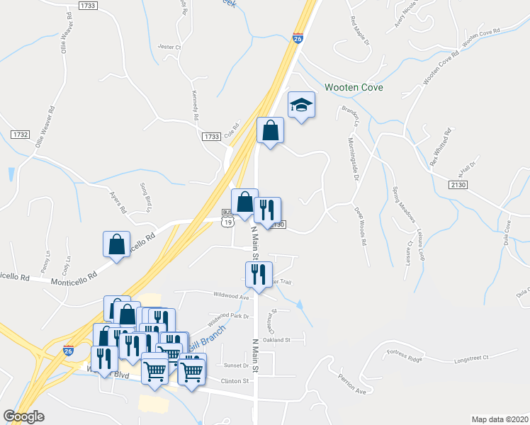 map of restaurants, bars, coffee shops, grocery stores, and more near 6 Dula Springs Road in Weaverville