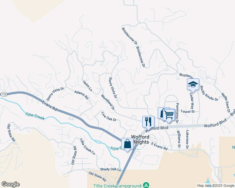 map of restaurants, bars, coffee shops, grocery stores, and more near 830 Sierra Vista Drive in Wofford Heights