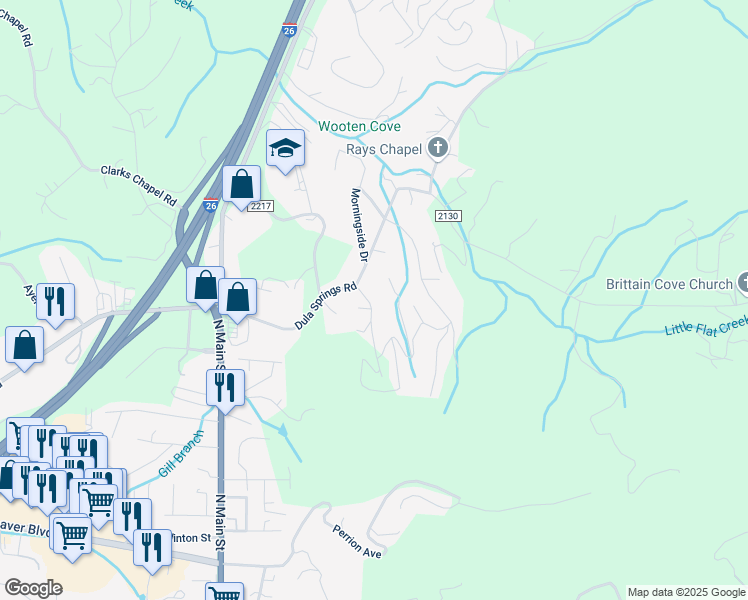 map of restaurants, bars, coffee shops, grocery stores, and more near 16 Deep Woods Road in Weaverville