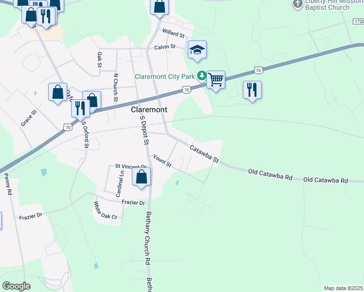 map of restaurants, bars, coffee shops, grocery stores, and more near 3143 Catawba St in Claremont