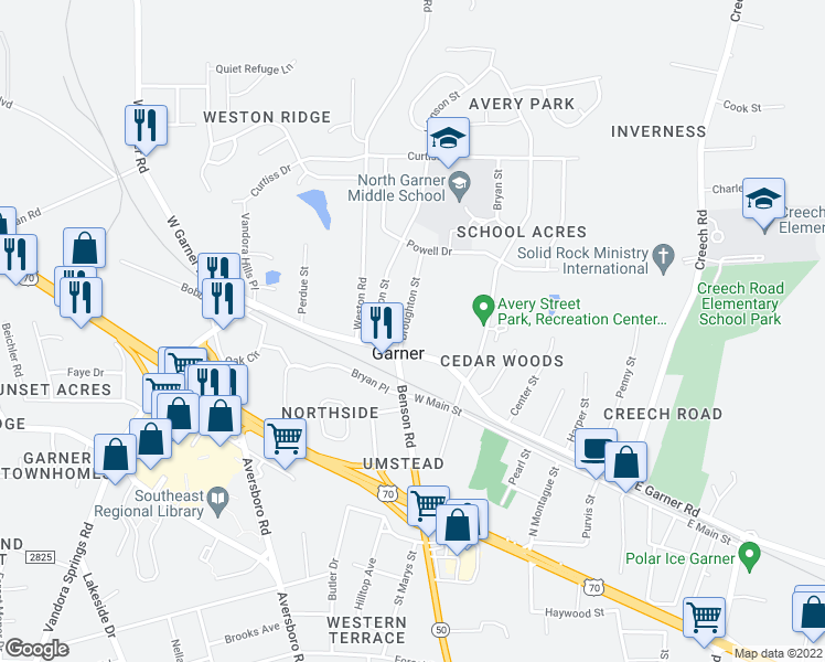 map of restaurants, bars, coffee shops, grocery stores, and more near 104 Broughton Street in Garner