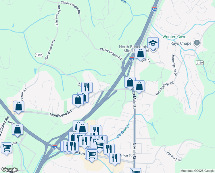 map of restaurants, bars, coffee shops, grocery stores, and more near 29 Monticello Rd in Weaverville