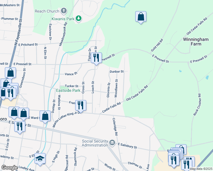 map of restaurants, bars, coffee shops, grocery stores, and more near 463 Glovinia Street in Asheboro