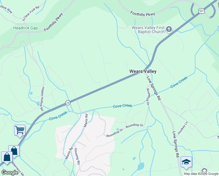 map of restaurants, bars, coffee shops, grocery stores, and more near 3785 Wears Valley Road in Sevierville