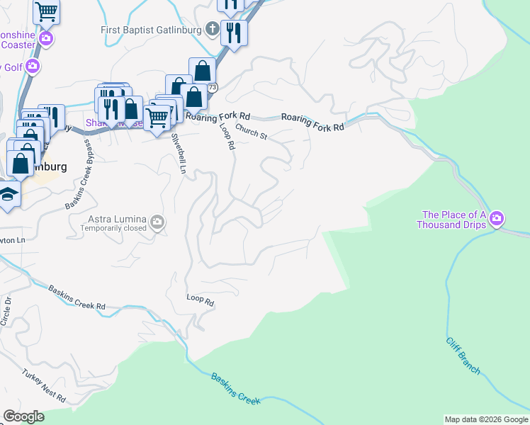map of restaurants, bars, coffee shops, grocery stores, and more near 418 Abrams Falls Way in Gatlinburg