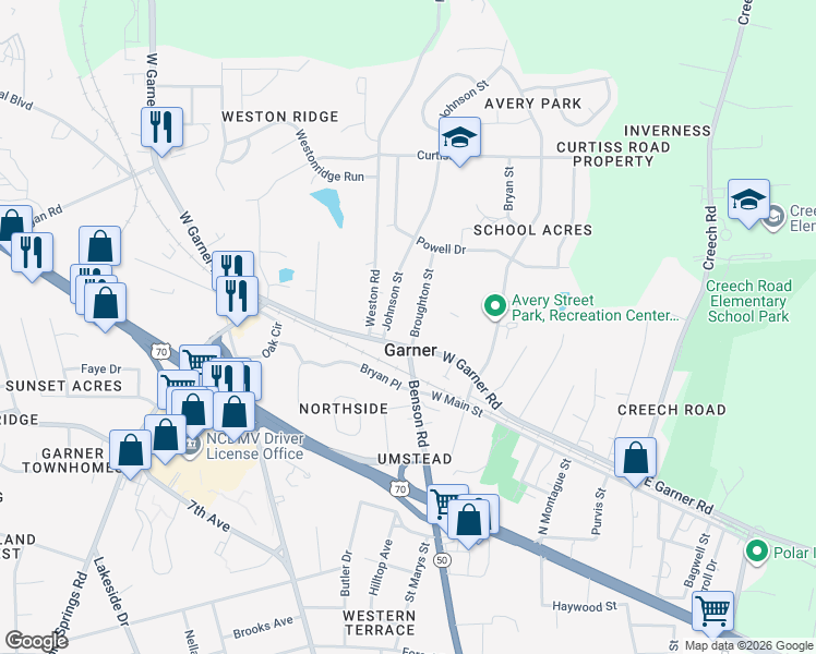 map of restaurants, bars, coffee shops, grocery stores, and more near 104 Johnson Street in Garner