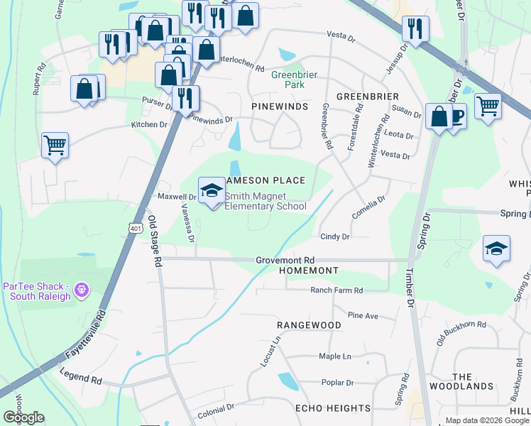 map of restaurants, bars, coffee shops, grocery stores, and more near 1001 Maxwell Drive in Raleigh