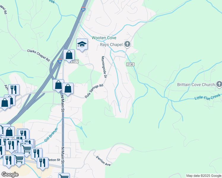map of restaurants, bars, coffee shops, grocery stores, and more near 16 Deep Woods Road in Weaverville