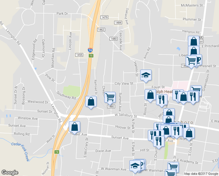 map of restaurants, bars, coffee shops, grocery stores, and more near 347 Peachtree Street in Asheboro